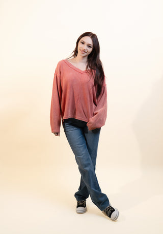 POL Women's Spiced Coral Waffle Knit Top