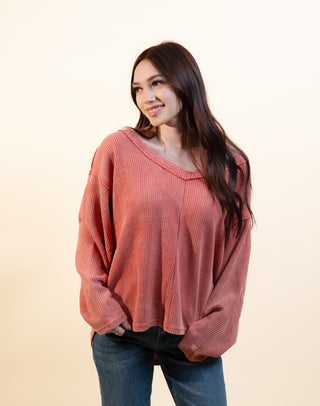 POL Women's Spiced Coral Waffle Knit Top