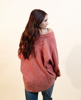 POL Women's Spiced Coral Waffle Knit Top
