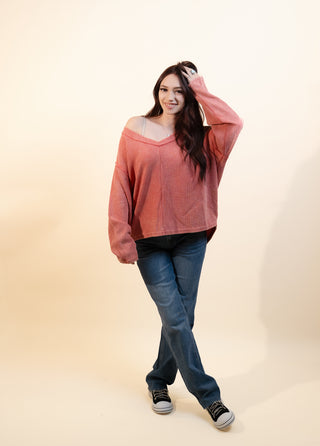 POL Women's Spiced Coral Waffle Knit Top