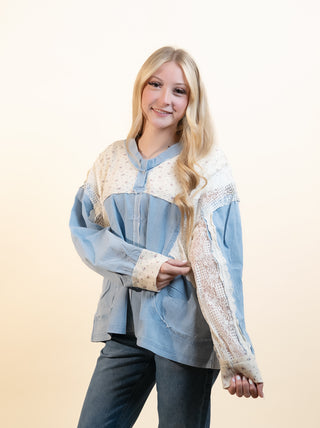 POL Women's Blue Thistle Lace Gauze Top