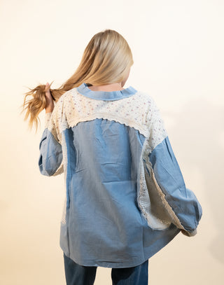 POL Women's Blue Thistle Lace Gauze Top