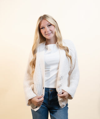 POL Women's Acorn Lane Statement Button Cardigan