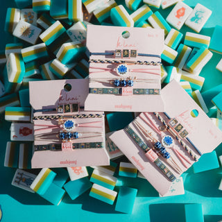 K'LANI "Mahjong" Themed in Pink, Green & Blue with Lotus & Tile Accent Hair Tie Bracelets