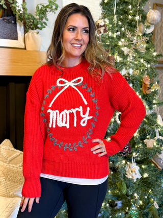 Merry Wreath Holiday Knit Top, Red