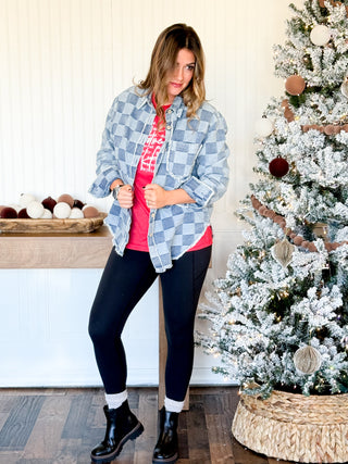 Washed Checkered Denim Shacket Shirt, Denim