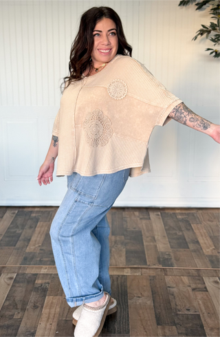 Crochet Patch Oversized Mineral Wash Thermal Top
