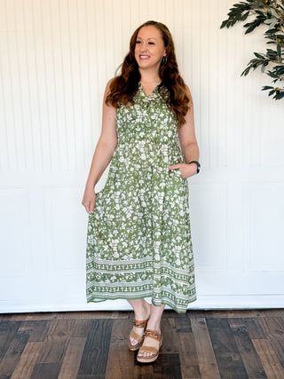 Sage Ivory Border Bloom Midi Dress