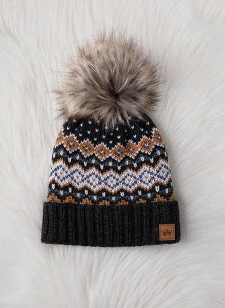 Winter Haven Cable Pom Hat, Dark Grey, Mustard & White