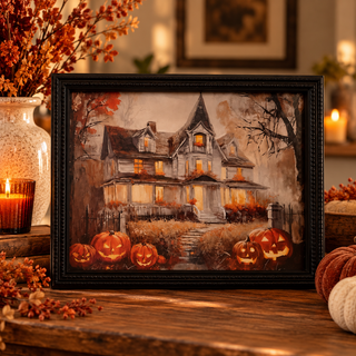 Halloween Jack-O-Lantern House Print in Glass & Black Frame