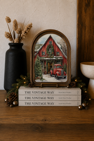 Red Christmas Barn Arch Framed Art 8.25x11”