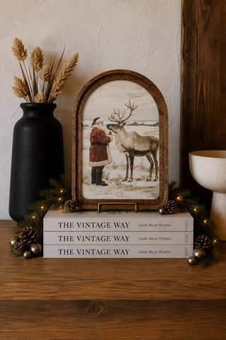 Santa Reindeer Neutral Arch Framed Art 8.25x11”