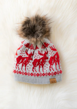 Winter Haven Cable Pom Hat, Lt. Gray & Red Reindeer