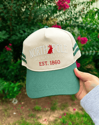 *PRE ORDER* North Pole Delivery Dark Green Striped Canvas Trucker Hat