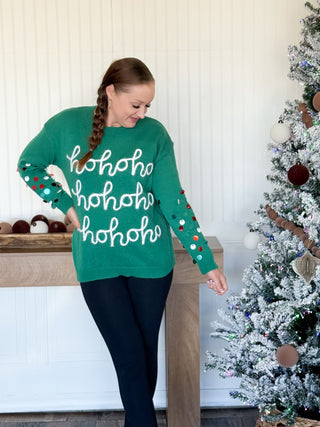 Ho Ho Ho Tinsel Christmas Sweater, Green
