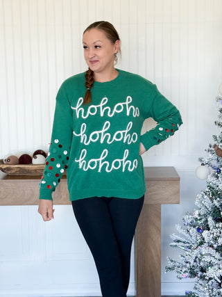 Ho Ho Ho Tinsel Christmas Sweater, Green