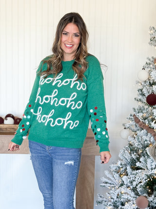 Ho Ho Ho Tinsel Christmas Sweater, Green