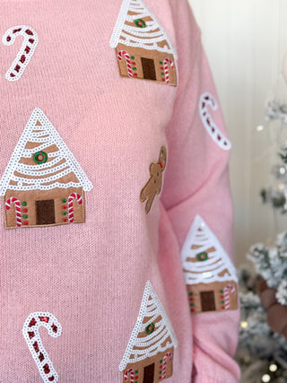 Festive Holiday Patches Christmas Sweater, Pink