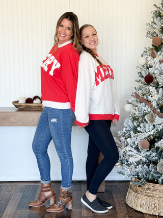 Merry Cloud Knit Ringer Sweatshirt, Red