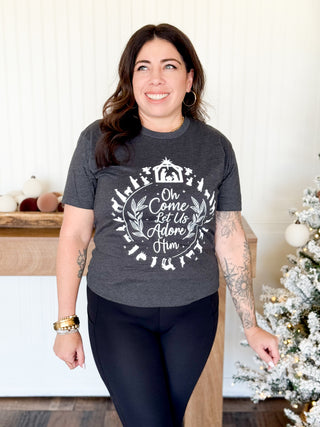 Oh Come Let us Adore Him Christmas Unisex Graphic Tee, Charcoal