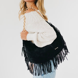 Pretty Simple Loretta Suede Fringe Slouchy Bag in Black