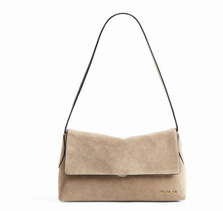 Pretty Simple Miranda Suede Flap Crossbody, Taupe