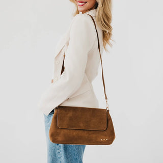 Pretty Simple Miranda Suede Flap Crossbody, Camel