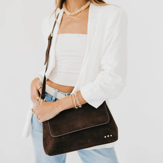 Pretty Simple Miranda Suede Flap Crossbody, Chocolate