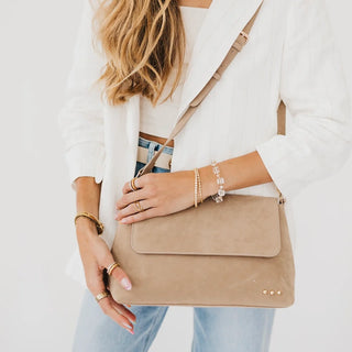 Pretty Simple Miranda Suede Flap Crossbody, Taupe