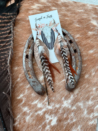 Round Up Feather Boho Earrings, Rose Gold with Black and White Feathers