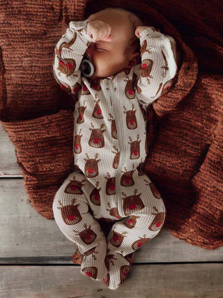 Reindeer Baby Organic Waffle Basic Zip Footie