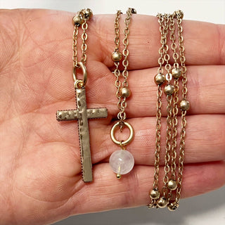 KD15 Gold Dainty Cross Necklace with Moonstone - "Trust"