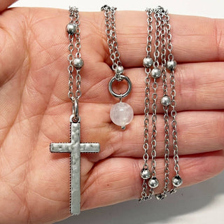 KD16 Trust Stone Cross Dainty Necklace in Silver with Moonstone