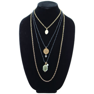 KD27 "Just Breathe" Layered Necklace Bundle - Gold Finish Pendant with Black Beads