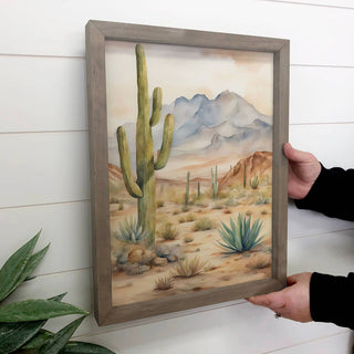 Cactus Desert Modern Watercolor - Framed Nature Canvas Art 12x18"