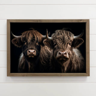 Highland Cow Pair Dark - Animal Photograph - Wood Framed Art 12x18"