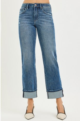 4 Way Stretch Slouchy Straight Jeans Cuffed Hem