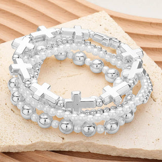 Faith & Pearl Stretch Bracelet Set, Silver