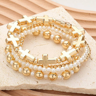 Faith & Pearl Stretch Bracelet Set, Gold