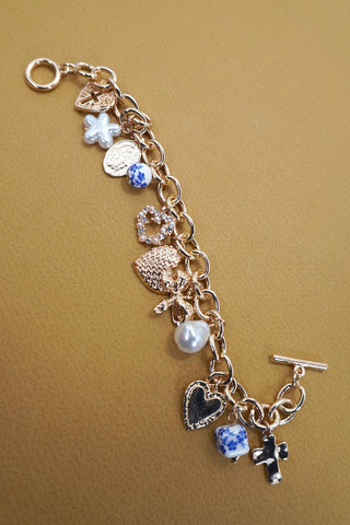 Blue Porcelain Heart Charm Bracelet