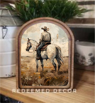 White Horse Cowboy Framed Art 6x8"