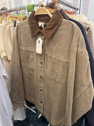 HEM & THREAD Women's Taupe Timber Color Block Shacket