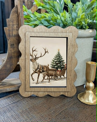 Reindeer Sleigh Christmas Framed Canvas Scallop Art, 6.5”x8”