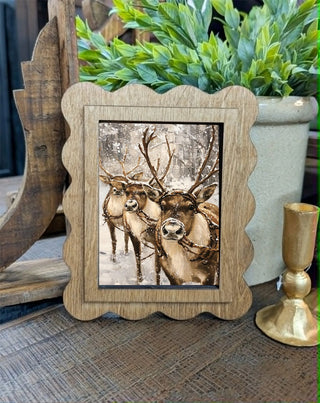 Reindeer Trio Christmas Framed Canvas Scallop Art, 6.5”x8”