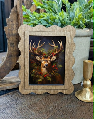 Reindeer Wreath Christmas Framed Canvas Scallop Art, 6.5”x8”