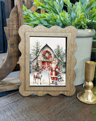 Santa Barn Reindeer Christmas Framed Canvas Scallop Art, 6.5”x8”