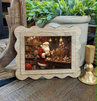 Santa Workshop Christmas Framed Canvas Scallop Art, 6.5” x 8”