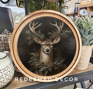 Wreath Deer Christmas Arch Framed Art, 8" Round