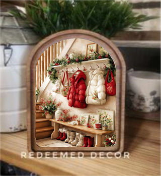 Cozy Christmas Coats Arch Framed Art, 8.25" x 11"
