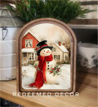Cozy Christmas Snowman Arched Framed Art, 8.25”x11”